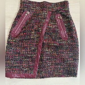 Elisabetta Franchi Tweed Mini Skirt with Burgundy Leather Trim